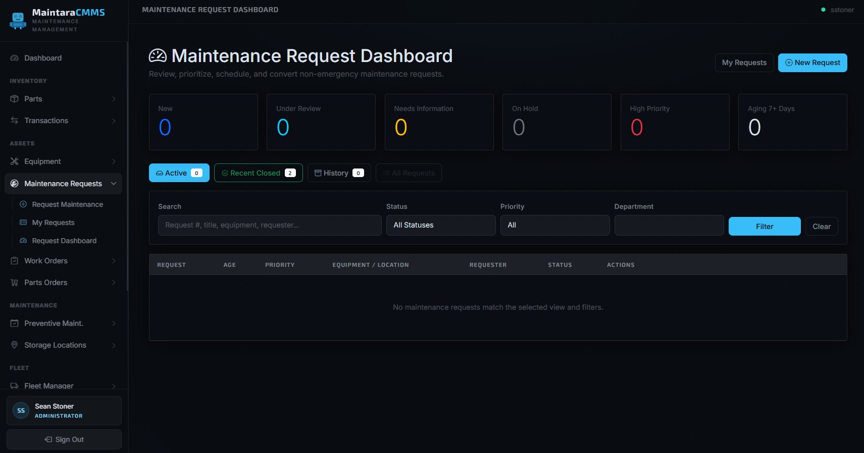 MaintaraCMMS Maintenance Request Dashboard