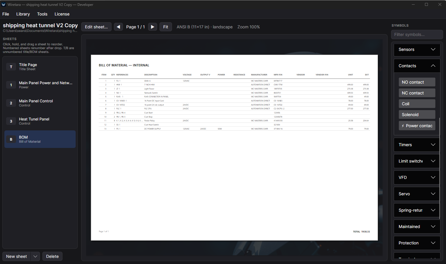 Wiretara automatically generated bill of material