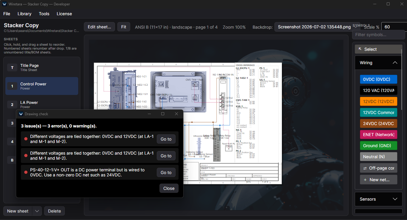 Wiretara drawing check window listing errors