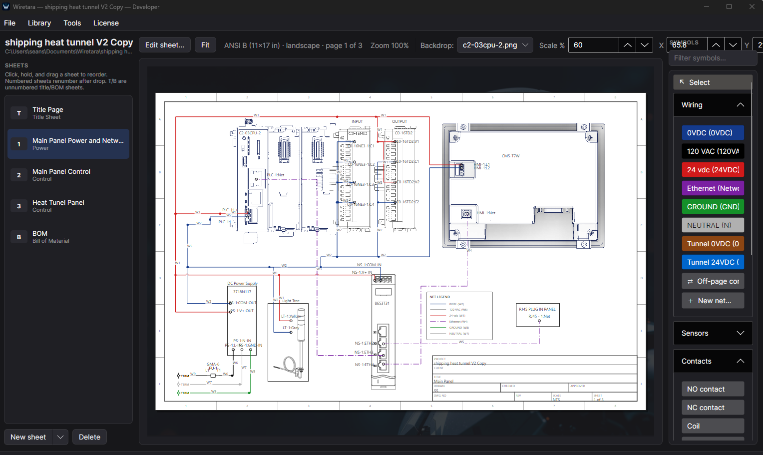 Wiretara electrical drawing software showing a panel wiring diagram with symbols and wiring nets