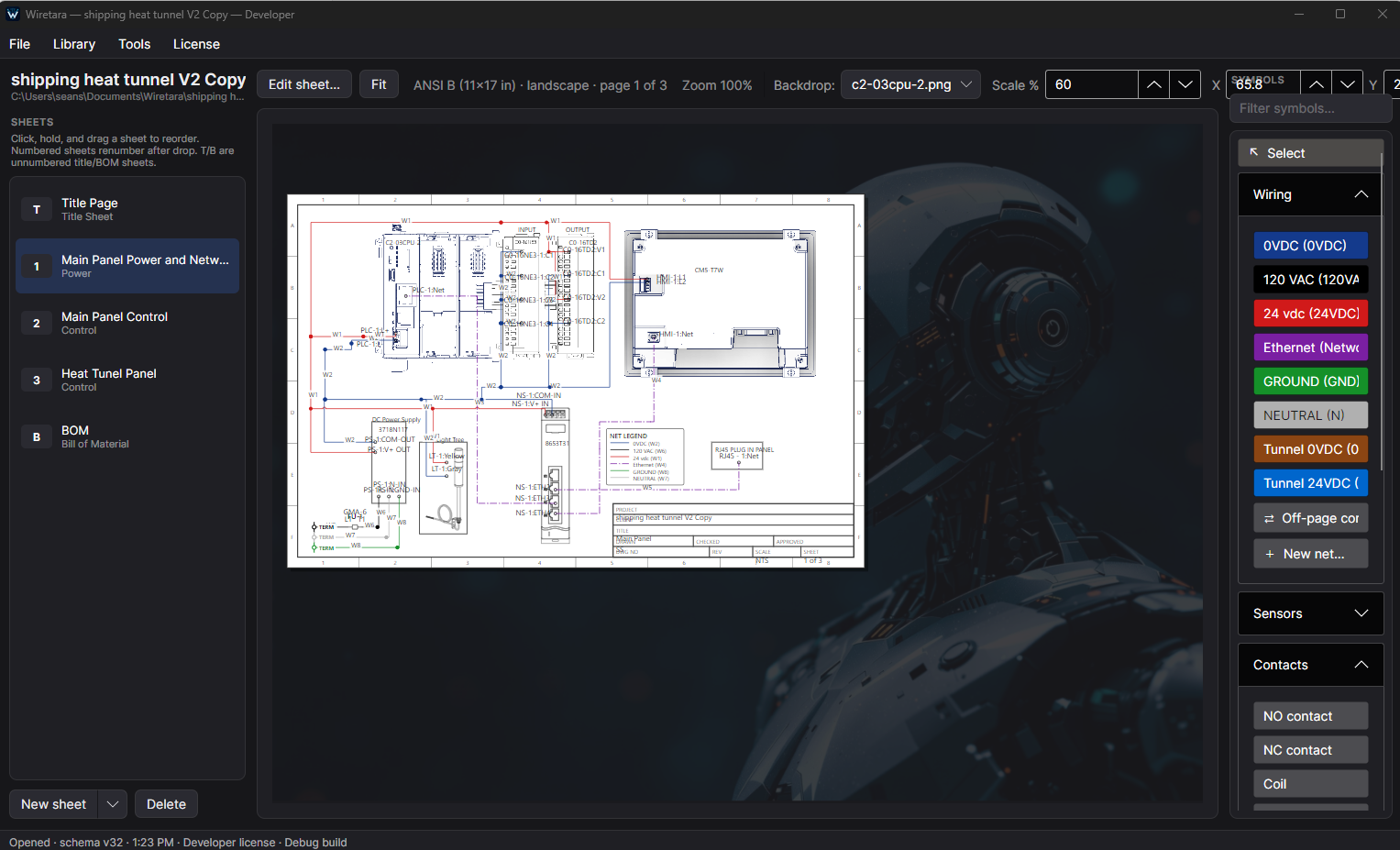 Wiretara showing scaled backdrop and sheet navigation